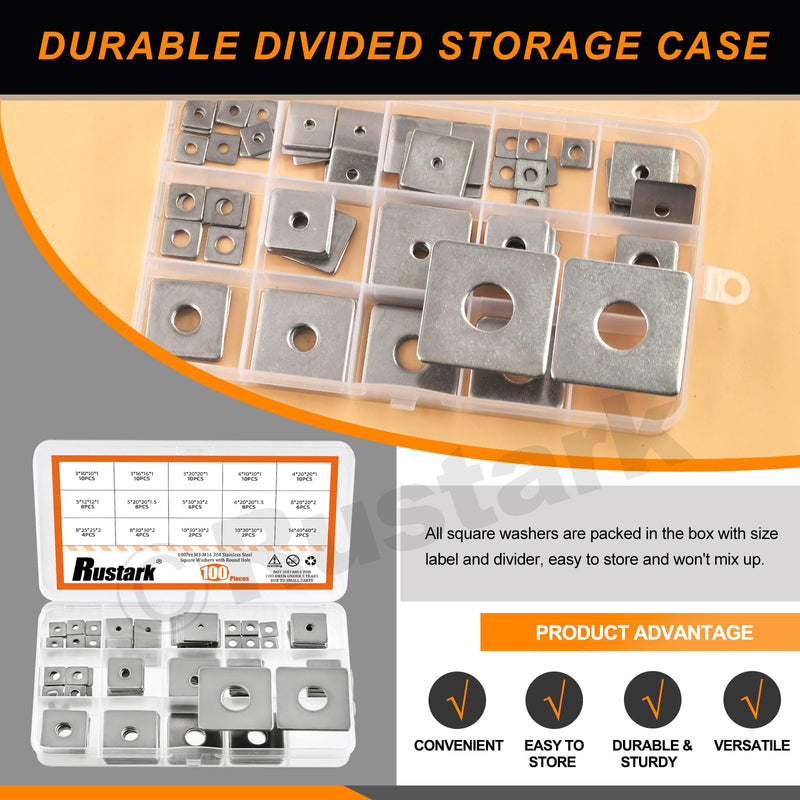[Australia - AusPower] - 100Pcs 15 Sizes M3-M14 304 Stainless Steel Square Plate Washers Assortment Kit Square Bearing Plate Washer Square Washer Flat Washer Fastener for Construction and Industrial Equipment assorted sizes 