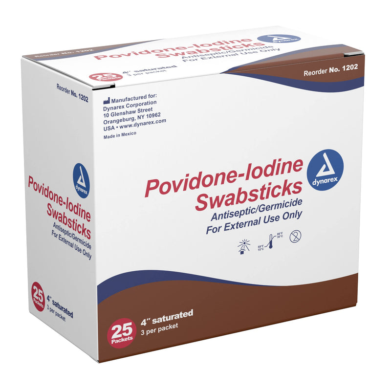 [Australia - AusPower] - Dynarex Povidone Iodine Swabsticks, Convenient Antiseptic to Ensure Skin Preparation, Brown, 1 Box of 25 Foil Packets, 3 Swabsticks Per Foil Packet 
