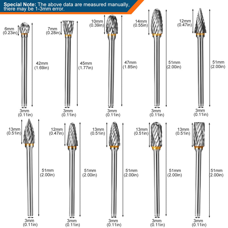 [Australia - AusPower] - HSEAMALL Carbide Burr with Double Cut Milling Cutter Set, Tungsten Carbide Rotary Cutter Metal Cutter 3 mm Shank Wood Cutter 10 PCS--3mm Schaft silver 