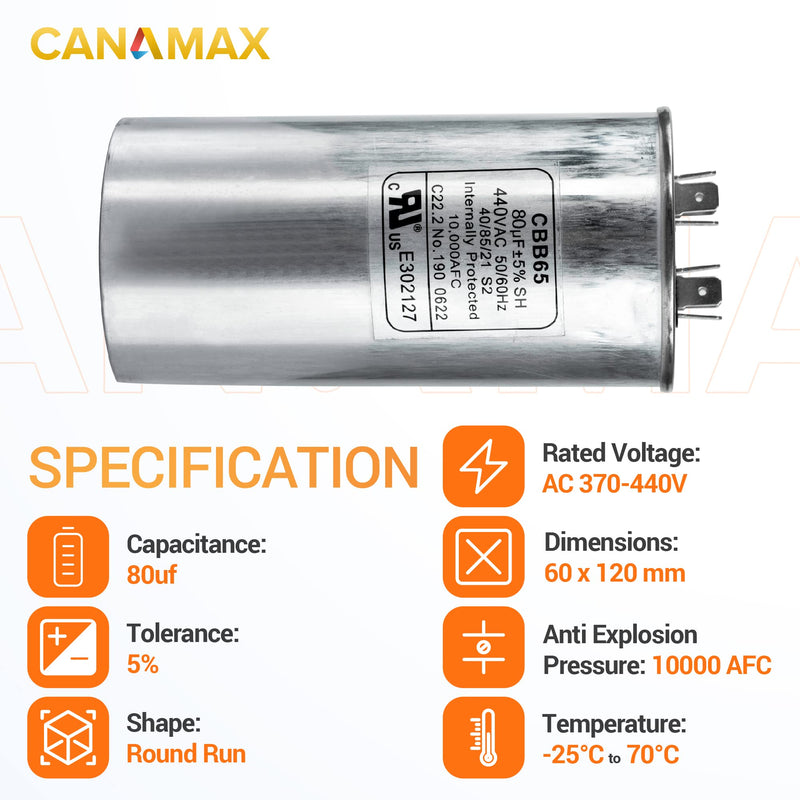 80 uF ± 5% 80 MFD 370-440 VAC (3~80 uF Options Available) CBB65 Run Start Capacitor 50/60 Hz AC Electric - Compatible with Single Phase Motor Capacitors Condenser Straight Cool or Air Conditioner 80uf