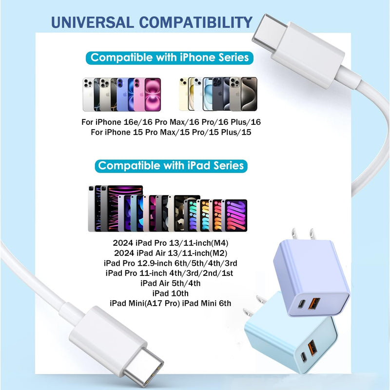 10 Foot Fast iPhone Charging Cable,2Pack 20W Dual Port USB C+A Wall Charger Block with 10FT Type C-C Charging Cable Apple Adapter for iPhone 17/17 Air/17 Pro/16/16e/16 Pro Max/15 Pro/iPad(Purple/Blue) 10FT C-C Purple/Blue 2