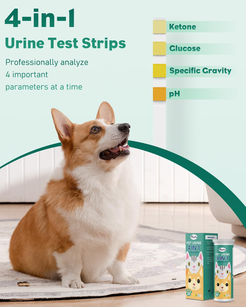 [Australia - AusPower] - Pawfly Urine Test Strips, 100 Strips, Pet Urine Testing Strips for Ketone, Glucose, Specific Gravity & pH, Urinalysis Test Strips for Vets 4 in 1 