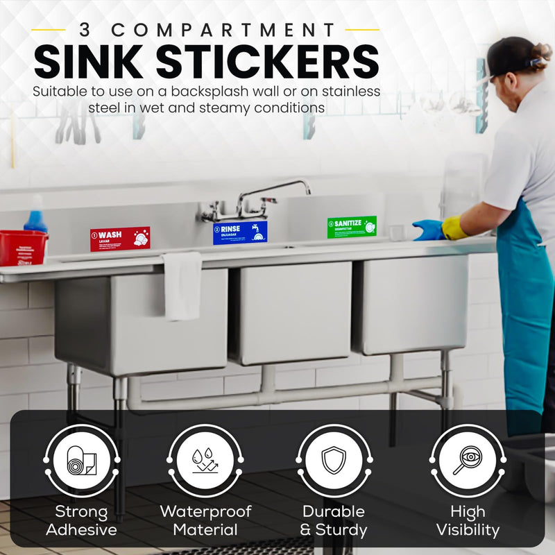 [Australia - AusPower] - [Enhanced] Wash Rinse Sanitize Sink Labels | 3 Compartment Sink Stickers | Training Labels for Dishwashing | Food Service, Restaurant, Commercial Kitchen (1 Set: 6 x 2 in) 1 Set 