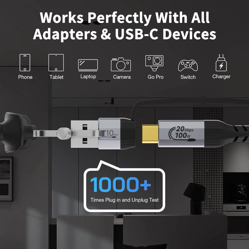 Long USB a to USB c Cable 16.5FT Multi Functional 2in1, usbc 3.2 Gen 2X2,20Gbps High Speed Data Transfer,4K@60Hz UHD Video 5A/100W Fast Charge Cord Compatible with Thunderbolt 3/4, Braided 16.5FT/5M