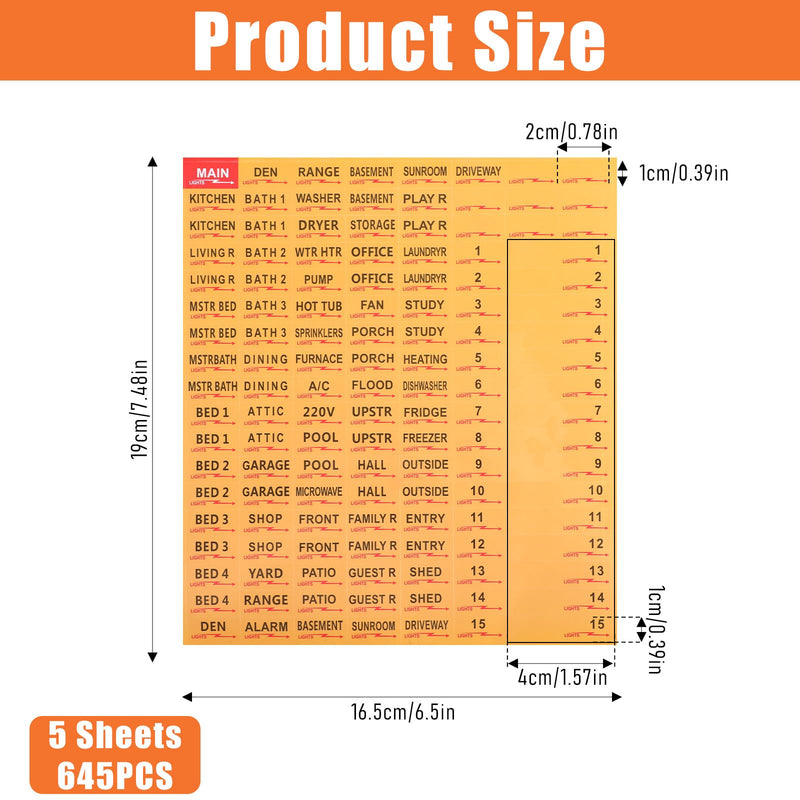 5 Sheets/645pcs Circuit Breaker Labels Weatherproof Box Stickers Breaker Box Label Electrical Panel Labels Boxes Stickers Easy Read and Install for Home Office Electrical Panels Orange