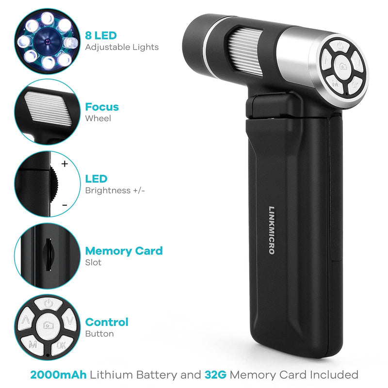 LM203 Digital Microscope Handheld with 4" Screen, Portable Microscope Camera for Adults, 200X USB Coin Magnifier with 8 LED Lights, Microscope Kit for Kids 8-12, 1080P Photo Video, 32G Black