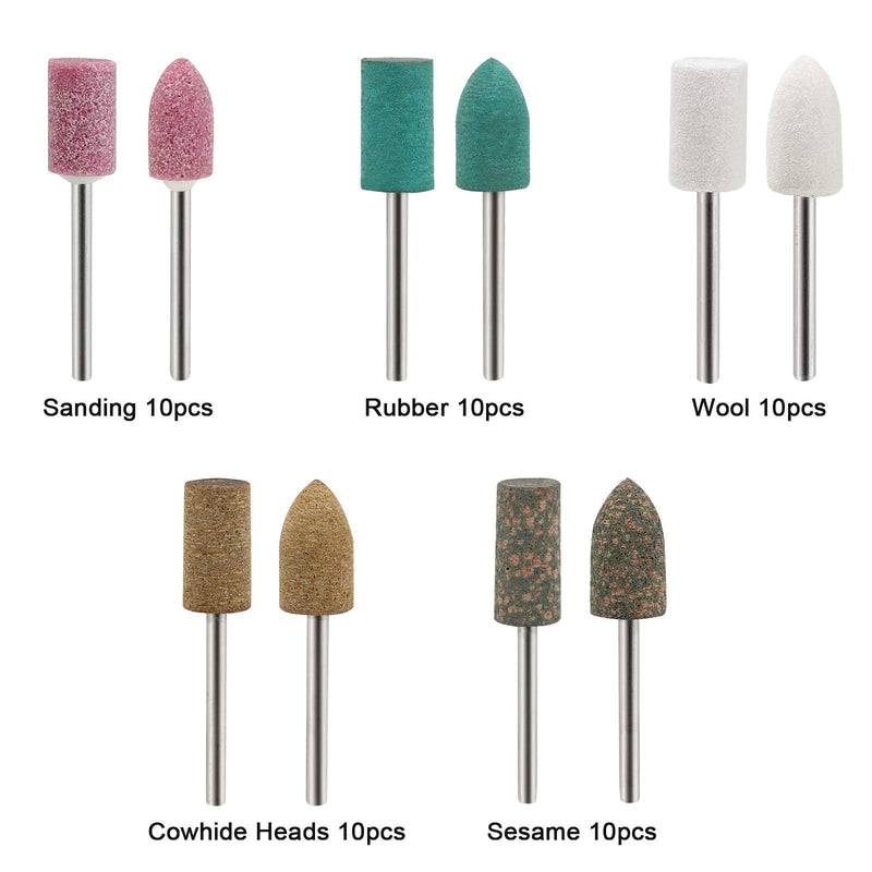 [Australia - AusPower] - 50pcs Polishing Bits Mounted Grinding Polishing Sanding Discs Sanding Tools Wool/Sesame/Rubber/Cowhide Rotary Tool Accessories Set 3 mm Shaft 