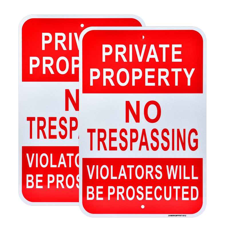JIAMING 2 Pack Private Property No Trespassing Signs, 18x12 Inch Reflective Rustproof Aluminum, Violators Will Be Prosecuted Metal Sign, UV Protected Weatherproof Easy Mount for Home Yard Farm.