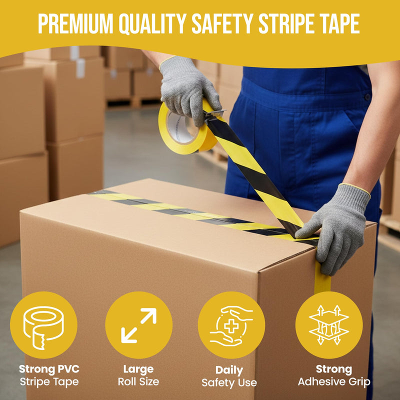 Harrier Hardware 2 in x 180 ft PVC Striped Safety Warning Adhesive Tape, Black & Yellow High Visibility Industrial Commercial Caution Wall Floor Equipment