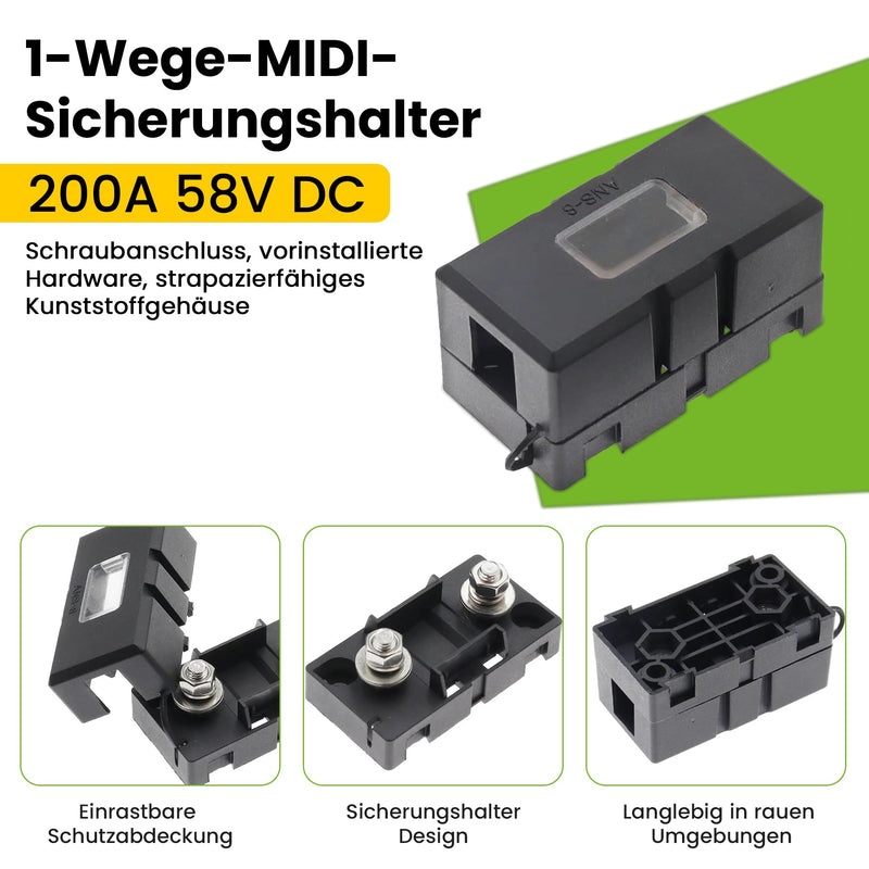 [Australia - AusPower] - Offgridtec 1 Way MIDI Fuse Holder for 200A 58V DC Systems, Screw Connection, Pre-Installed Hardware, Heavy Duty Plastic Housing, High Current Fuse Holder for Automotive & Industrial Use 1-fach Halter 200A 