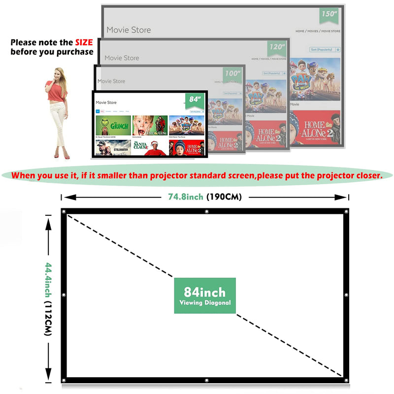 [Australia - AusPower] - Taotique 4K Movie Projector Screen, 16:9 HD Foldable and Portable Anti-Crease Indoor Outdoor Projection Double Sided 84 inch Video Projector Screen for Home, Party, Office, Classroom 