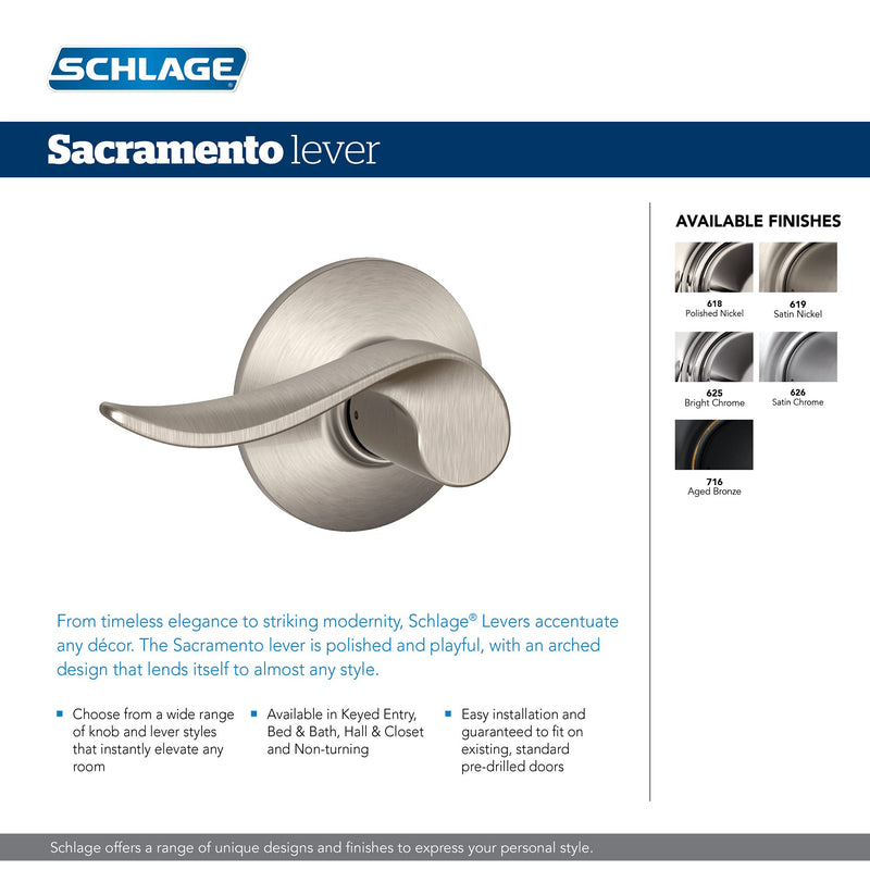 Schlage F40 SAC 619 Sacramento Door Lever, Bed & Bath Privacy Lock, Satin Nickel (Pack of 1)