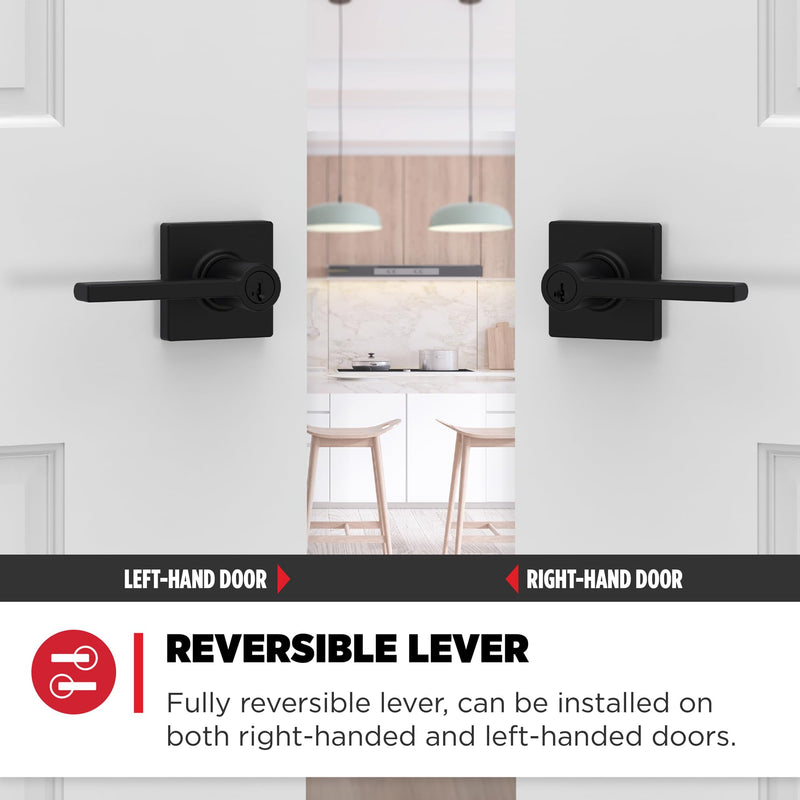 Kwikset Casey Entry Door Handle with Lock and Key, Secure Keyed Reversible Lever Exterior, For Front Entrance and Bedrooms, Matte Black , Pick Resistant Smartkey Rekey Security and Microban 1 Pack Keyed Entry