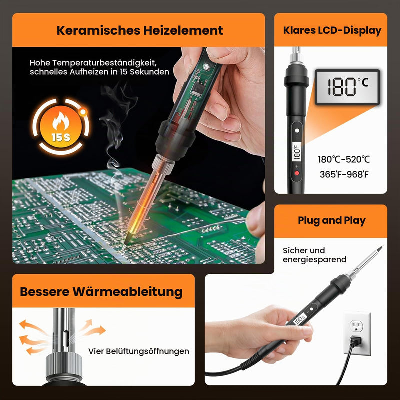 RUIZHI Soldering Iron Set 100 W LCD Adjustable Temperature 180-520 °C, 16-in-1 Soldering Iron Soldering Set with 50 g Solder, 5 Soldering Tips, Desoldering Pump, Soldering Stand, Pliers, Soldering Set for Electrical Work