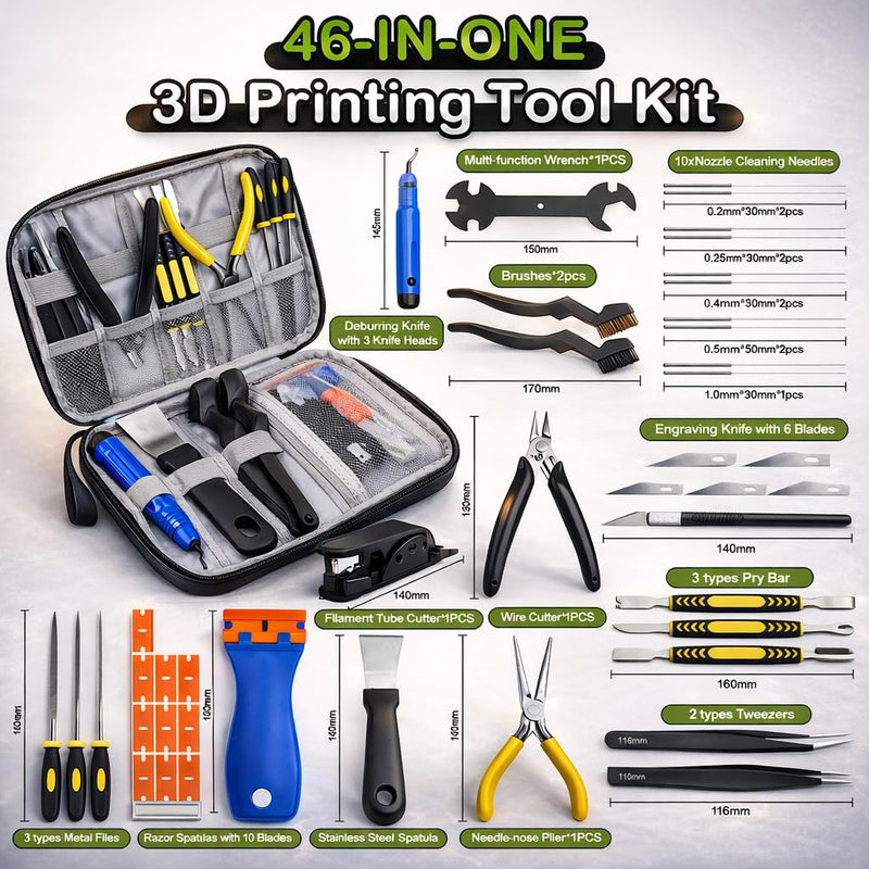 3D Printer Tools Kit, 46PCS 3D Printing Accessories for FDM SLA Resin Printers, Includes Nozzle Cleaning Kit, Print Removal Tools, Deburring Tool, Files, Flush Cutters, Pliers,Tweezers & More