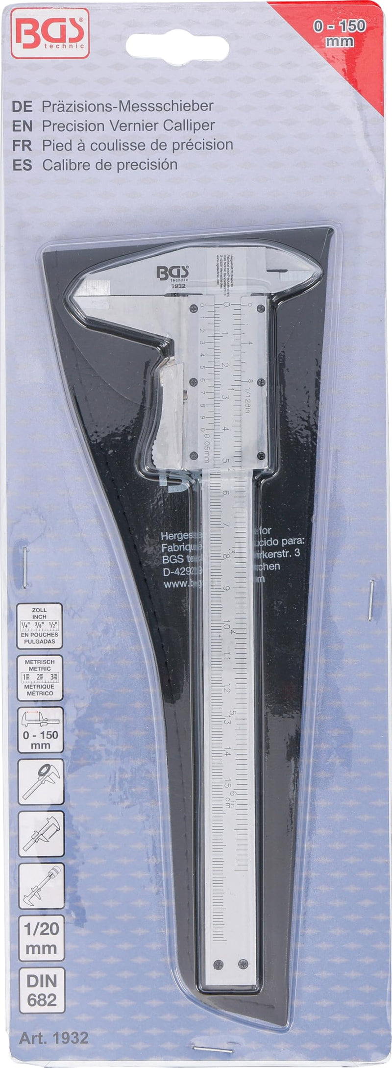 BGS 1932 Precision Vernier Calliper, Silver/Black, 0-150 mm | Vernier 1/20 mm | for internal, external and depth measurement | chrome-plated | faux leather case 0 - 150 mm