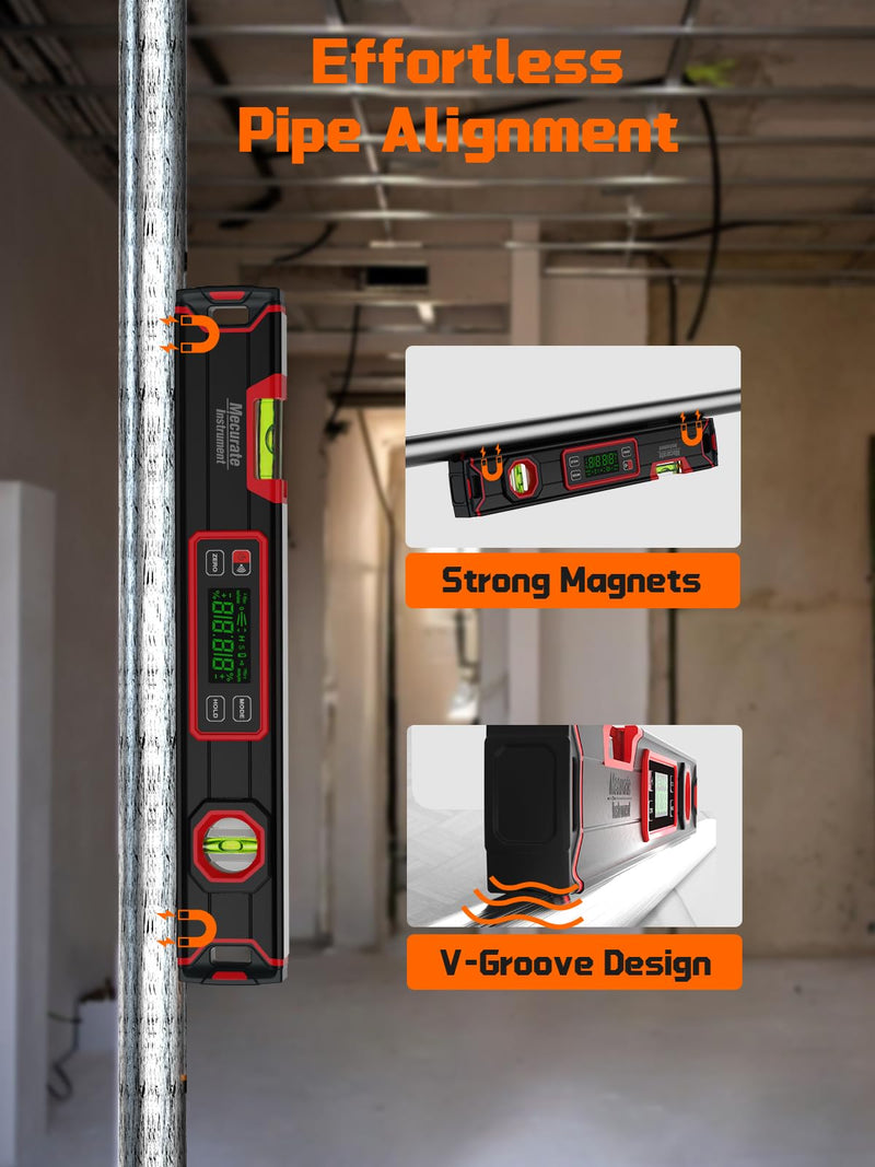 [Australia - AusPower] - Mecurate 16-Inch Digital Level, Portable Electronic Angle Finder with Backlit Display, ±0.1° Accuracy, Magnetic Base, 4 Measurement Units, Compact Torpedo Smart Level Tool for DIY & Professional Use Red 