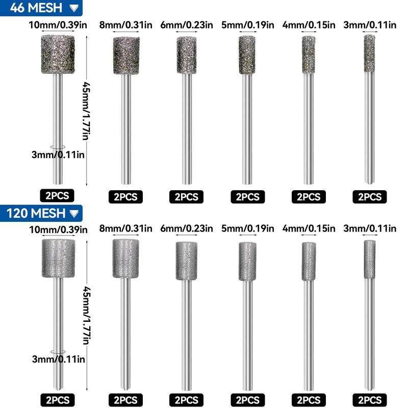 [Australia - AusPower] - PWGHWG Diamond Cutter Set, 24 Pieces Diamond Burrs with 1/8 Inch Shank, Diamond Grinding Points 46 Grit 120, for Stone Glass Ceramic Carving, Grinding, Polishing, Engraving 