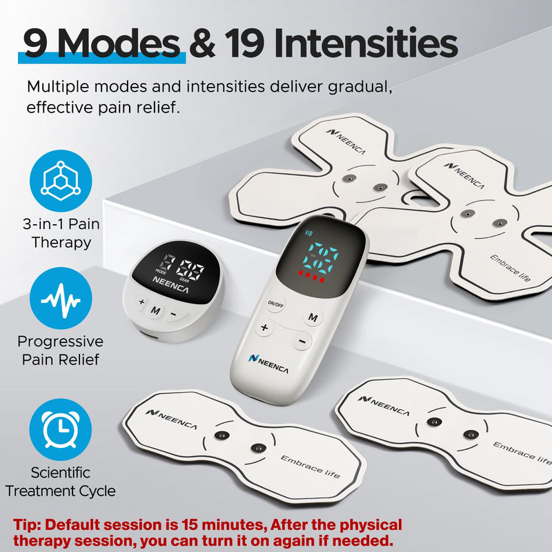 [Australia - AusPower] - NEENCA Wireless TENS Unit Muscle Stimulator, Smart Rechargeable TENS EMS Muscle Massager for Knee/Shoulder/Back Pain Relief. 4 TENS Pads with Remote Control for Physical Therapy,9 Modes 19 Intensities Pearl White 