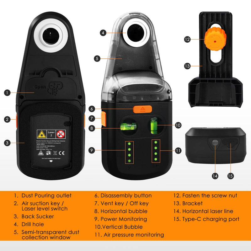 [Australia - AusPower] - Laser Leveler Tool 4-in-1 Wall Laser Level with Line Laser, Drill Dust Collector, Electronic Vacuum Suction Cup and Wall Bracket, Rechargeable Laser Level Tool for Picture Hanging, Home Renovations 