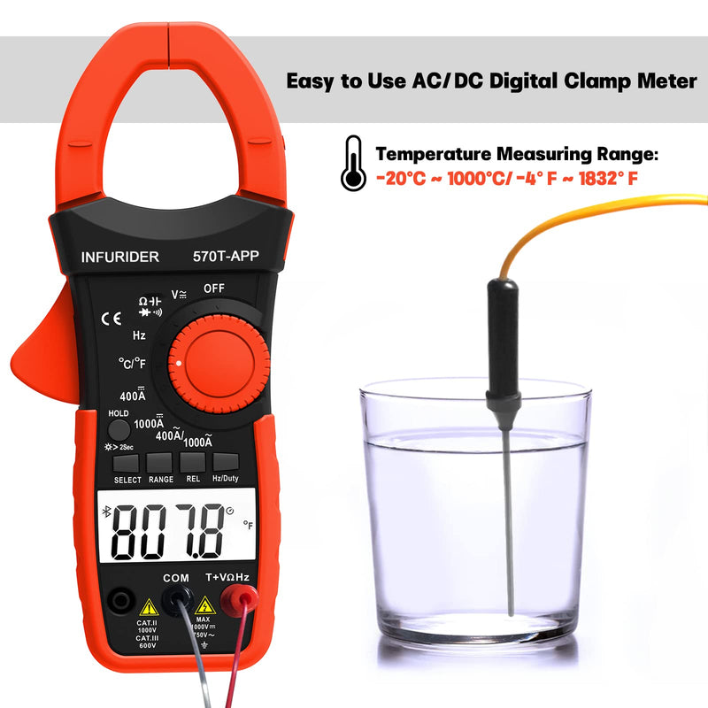 [Australia - AusPower] - Wireless Clamp Meter, 1000A AC/DC Current Amp Clamp, TRMS 4000 Counts Auto Range Clamp on Ammeter, Bluetooth Clamp Multimeter Measures Voltage, Capacitance, Ohm, Hz and Temperature 
