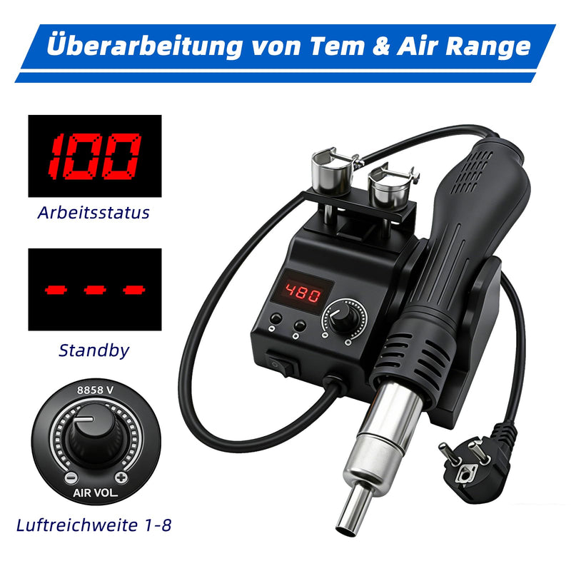8858 Hot Air Soldering Station, Desoldering Station 700 W with LED Digital Display 100-480°C, Hot Air Soldering Station with 3 Hot Air Blow Dryer Mouthpieces, SMD Soldering and Desoldering | mit LED Digital Anzeig 100-480°C | 3 Heißluftföhn-Mundstücke ...