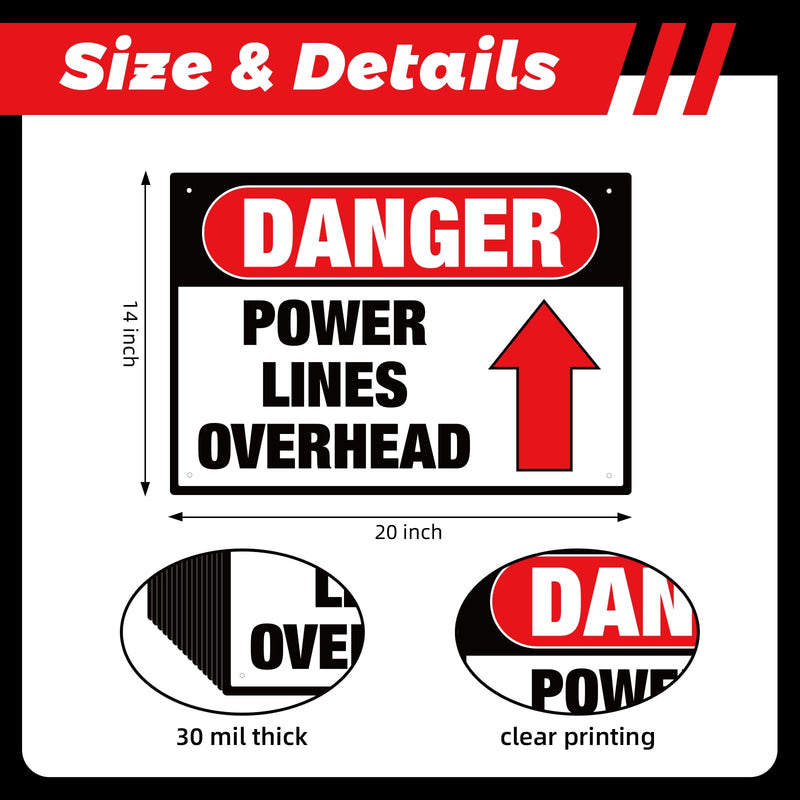 Tudomro 1 Pcs Danger: Power Lines Overhead Sign - 20" x 14" Aluminum Rounded Corners English Warning Sign for Indoor Outdoor, Pre-drill Holes at 4 Corners - OSHA Compliant