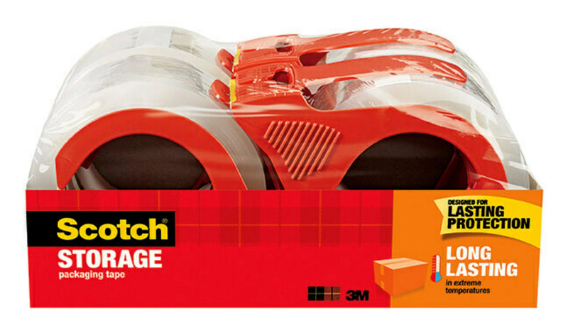 Scotch Long Lasting Storage Packing Tape, Clear, Storage Tape Withstands Extreme Temperatures, 1.88 in x 38.2 yd,4 Rolls and 4 Tape Dispensers 4 Rolls
