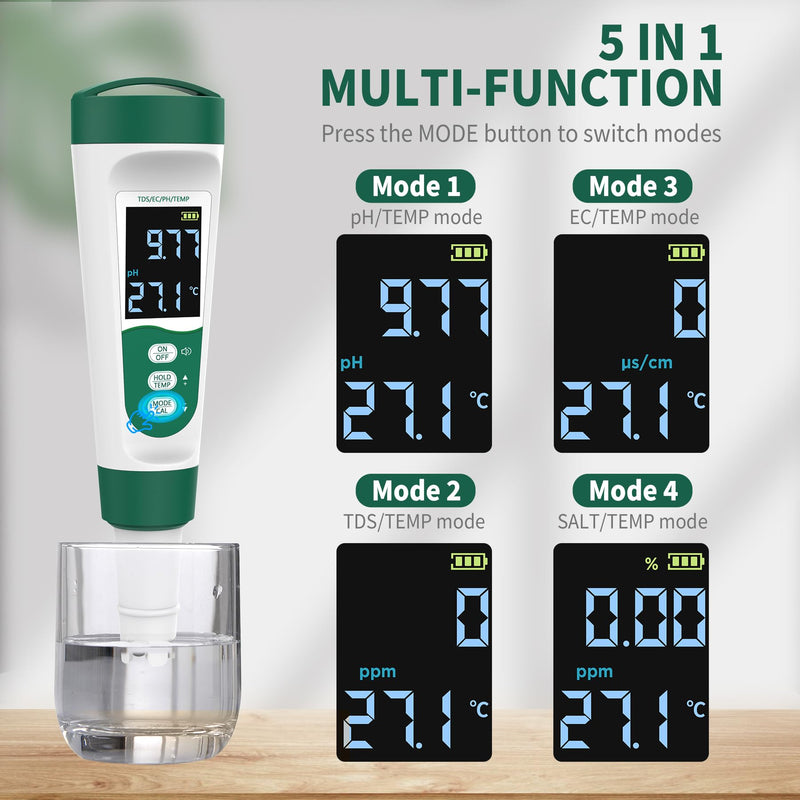 [Australia - AusPower] - 5-in-1 Digital PH Meter, with Voice Function, PH/TDS/EC/Temp/Salt Pool Salt Tester, Waterproof & Rechargeable Pen Meter for Swimming Pools, Fish Tank, Aquariums & Hydroponics 