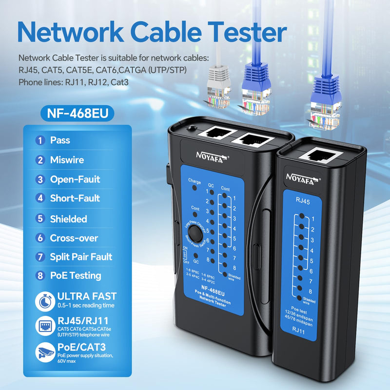 [Australia - AusPower] - NOYAFA Network Cable Tester, Ethernet Cable Tester, Cable Continuity Test-RJ45, RJ11, RJ12, RJ45, CAT5, CAT6, CAT6A, CAT7, POE Test for CAT3, UTP/STP Tester, Cat6 Tester, LAN Cable Test Tools 