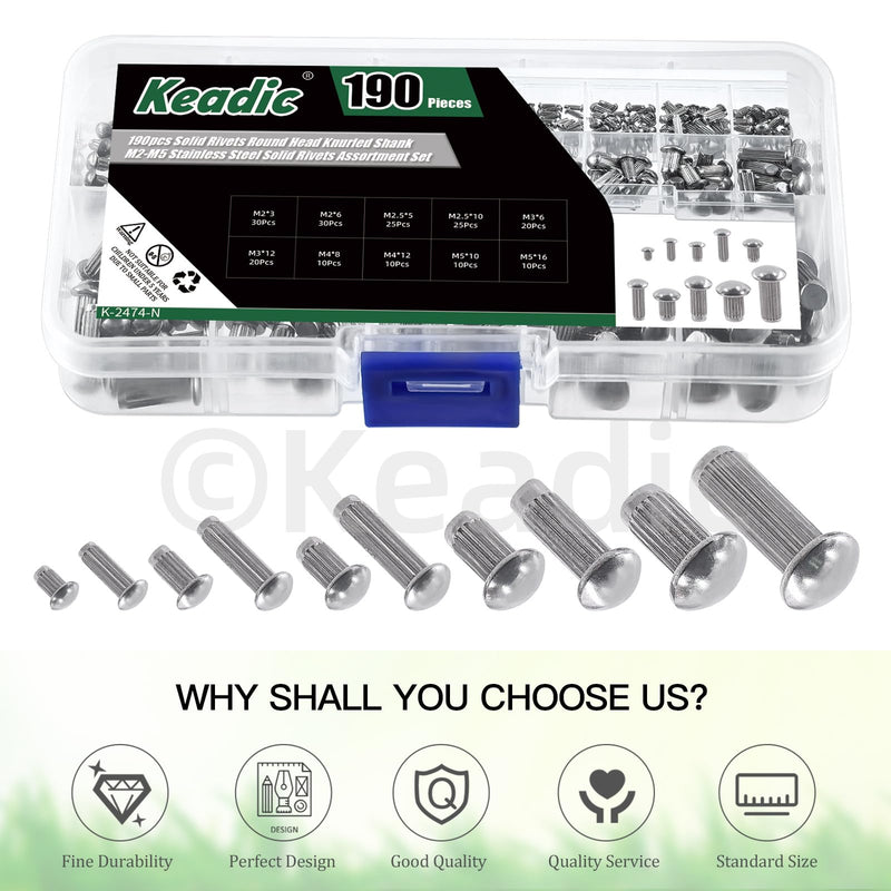 [Australia - AusPower] - Keadic 190Pcs M2 M2.5 M3 M4 M5 304 Stainless Steel Brazier Head Solid Rivet Set, 3mm 5mm 6mm 8mm 10mm 12mm 16mm Solid Rivet Fasteners for Repairing Boats Furniture Automotive 