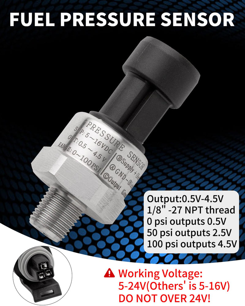 100 Psi Oil Fuel Pressure Sensor Transducer Sender 1/8" -27 NPT Thread with Harness Kit for Fuel Oil Air Water, 316 Stainless Steel Pressure Regulator 0-100 Psi Switch Sensor Transmitter