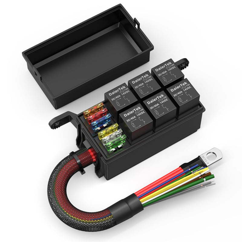[Australia - AusPower] - DaierTek 12V Relay Box 6 Way12 AWG Pre-Wired Waterproof Relay Box 6 Slot ATC/ATO Fuse Relay Block Universal Relay Panel for Automotive Car Marine Boat 6 Relay 6 Fuse Pre-Wired 
