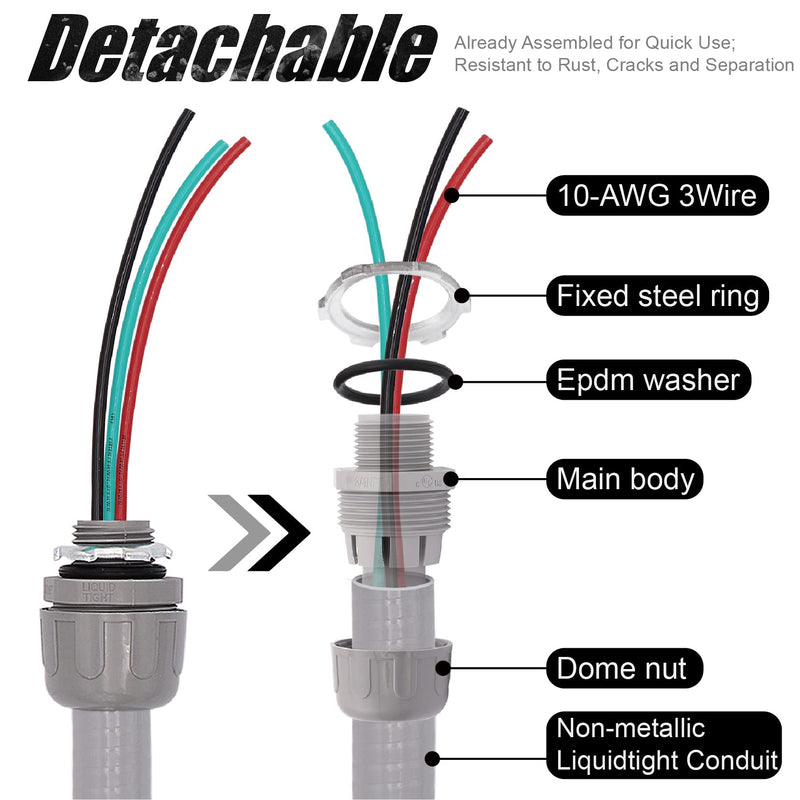 [Australia - AusPower] - 4FT 1/2-Inch Electrical AC Whip Kit,Nonmetallic Liquid Tight Flexible Electrical Conduit,6FT of Connecting Wires 3-Conductor 10-Gauge Wires with Straight/90 Degree Fittings 4FT 