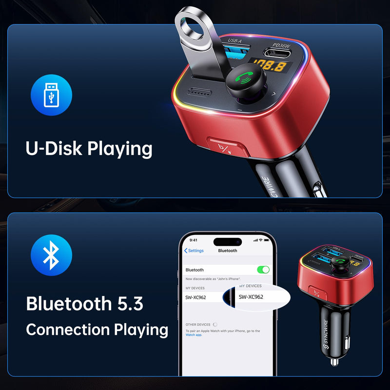 [Australia - AusPower] - Syncwire Bluetooth 5.3 FM Transmitter Car Adapter 48W (PD 36W & 12W) [Light Switch] [Hi-Fi Deep Bass] [Fast Charge] Wireless Radio Music Adapter LED Display Hands-Free Calling Support USB Drive, Red 