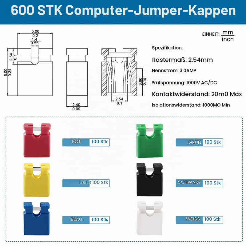 VooGenzek 600 Pieces 6 Colors 2.54 mm Computer Jumper Caps Shunts Short Circuit Cap, 2.54 mm Short Circuit Jumper Caps, Jumper Caps for PCB, 2-Terminal Open Top Jumper Cap, for Arduino PCB
