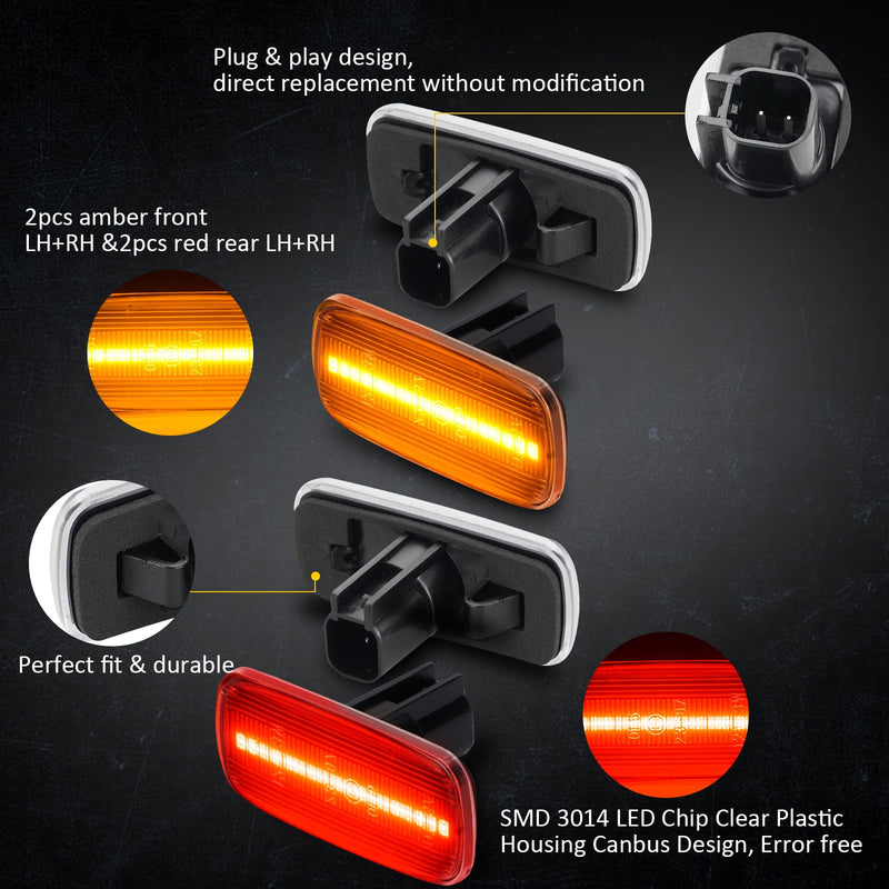 Bestview LED Dually Side Marker Lights for 2010-2018 Dodge Ram 2500 3500, Amber＆Red Smoke Lens Front&Rear Bumper Fender Turn Signal Lamp Assembly Kit accessories,Clear Lens(Pack of 4) Clear Lens