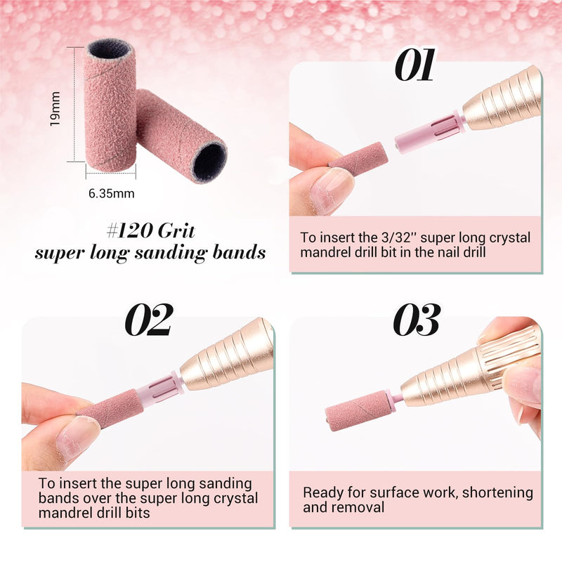 MelodySusie 120 Pieces Sanding Sleeves for Nail Drill Bits (3.1mm Mandrel) - 180 Fine Grain Sanding Bands for Acrylic Nails/Gel Manicure/Pedicure (Pink) pink