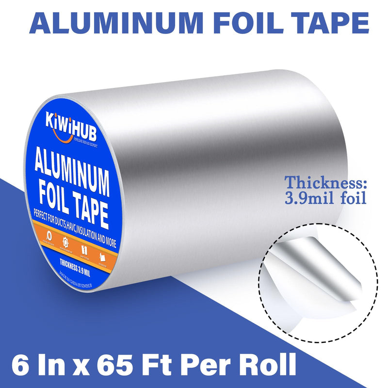Aluminum Foil Tape, 6 inch x 65ft(3.9Mil), Heavy Duty HVAC Tape, Insulation Adhesive Metal Tapes for Ductwork, Dryer Vents Pipe, Sealing and Repairing 1