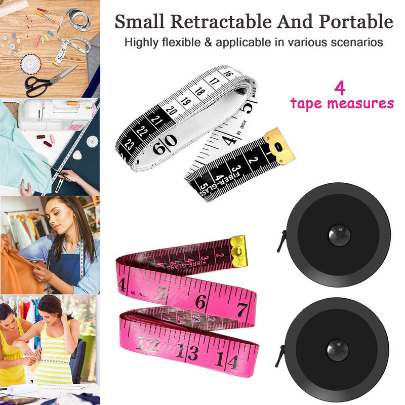 4 Pack Tape Measure Set, Retractable Measuring Tape for Body, Sewing, Tailor, Fabric, Craft | Soft 60-Inch/150cm Vinyl Tape + Portable Push-Button Retractable Rulers Double-Sided, Flexible, Easy-Read Multicolor-4