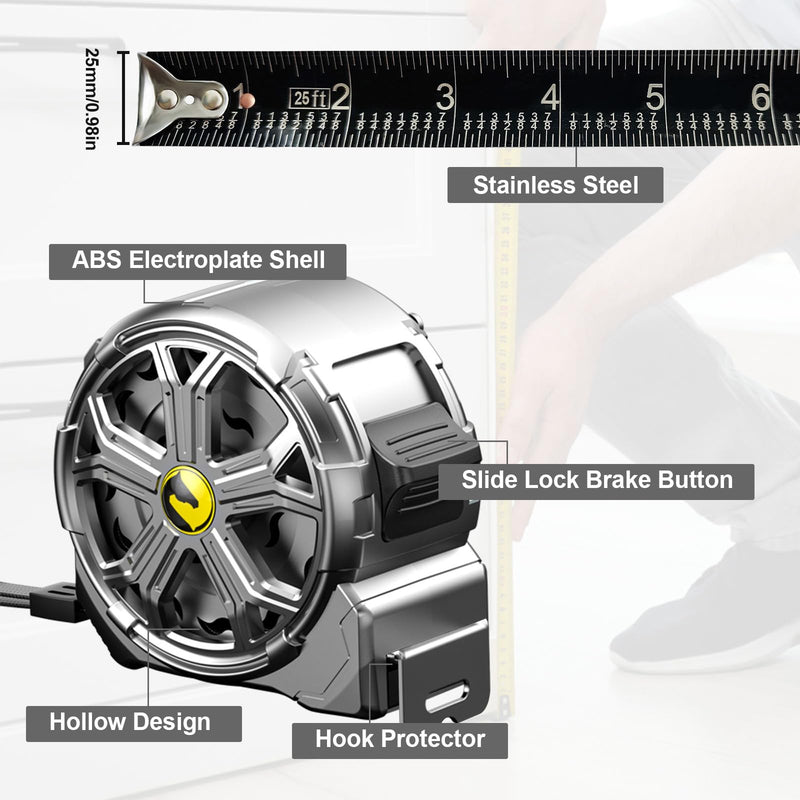 [Australia - AusPower] - Tape Measure 25ft, Stainless Steel Retractable Tape Measure, Waterproof & Rustproof Steel Measuring Tape with Hollow Design for Renovation, Construction, Carpentry (25') 25' 