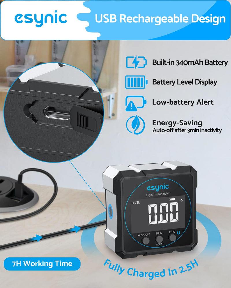 [Australia - AusPower] - eSynic Portable Digital Angle Finder with Laser -IP54 Waterpoof 4 Sides Magnetic Digital Inclinometer -Auto Off Backlight LCD Display Rechargeable Angle Gauge for Construction (Laser Level: Class II) 4 Side Magnetic Digital Angle Finder With Laser 