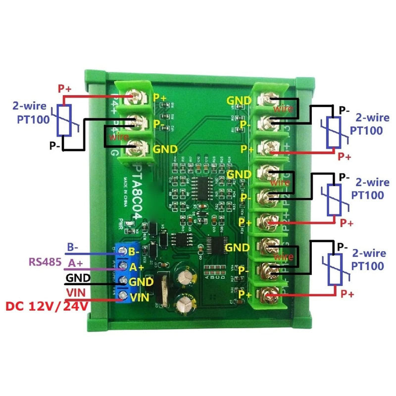 [Australia - AusPower] - Eujgoov Temperature Sensor Module 4ch PT100 RTD RS485 Temperature Sensor Board RTU Collector PTA8C04 with Rail Housing (B500 DC24V) B500 DC24V 