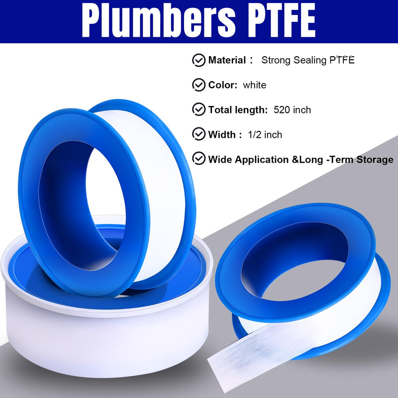 Pushglossy 100 Rolls PTFE Tape 1/2 x 520 Inches Plumbers Waterproof Sealant Plumbing Tape for Shower Head Repairing Water Pipe Sealing (White) White