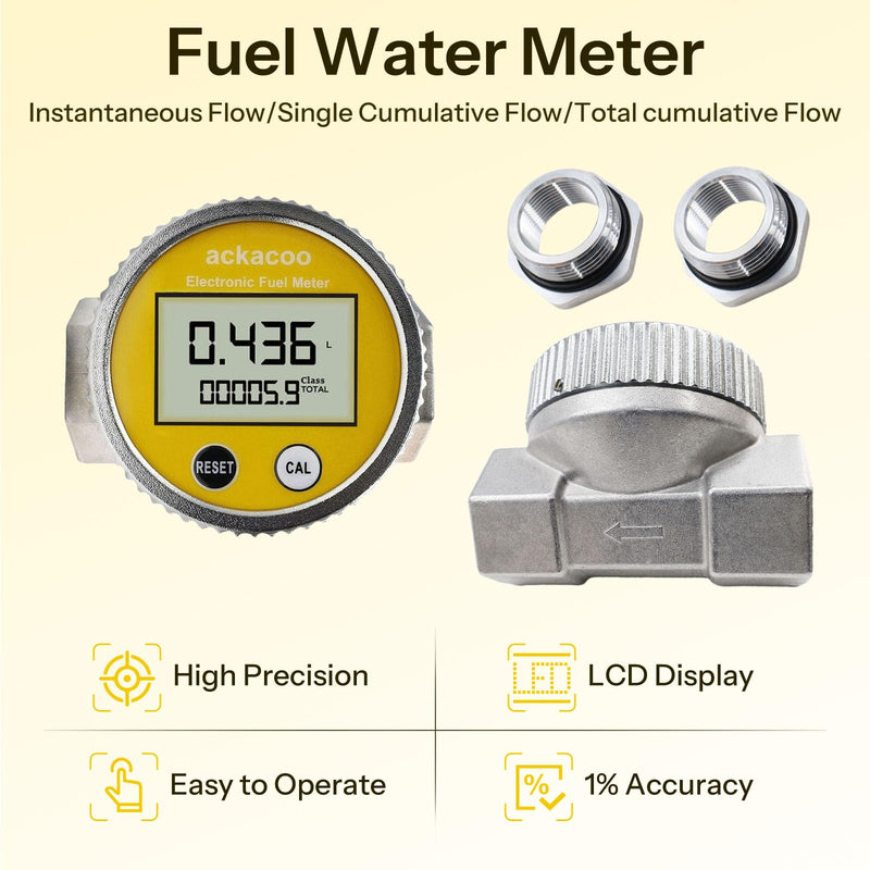 Fuel Water Meter with 3/4 Inch Adapters, 1 Inch NPT Digital Turbine Flow Meter w/LCD Display, Waterproof EMI Protection, 2.4-26.4 GPM for Gasoline Diesel Water Kerosene Gallon, QTS PTS, L, m³