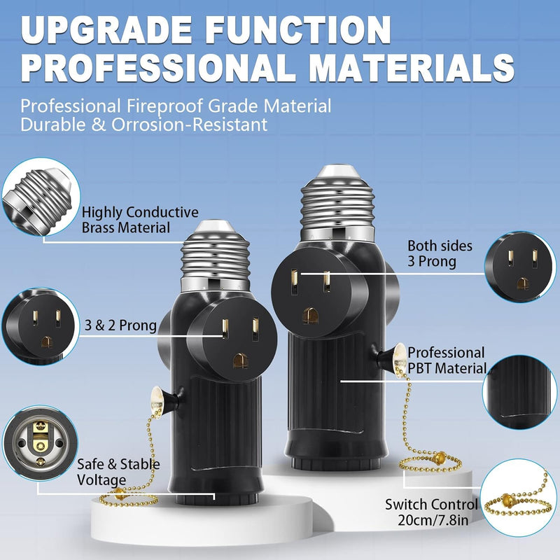 [Australia - AusPower] - Light Socket to Plug Adapter, Both Sides Support 3 Prong Light Socket Adapter, Professional Materials Light Bulb Outlet Socket Adapter with Switch Control, E26 E27 Light Bulb Socket Adapter - Black 1 