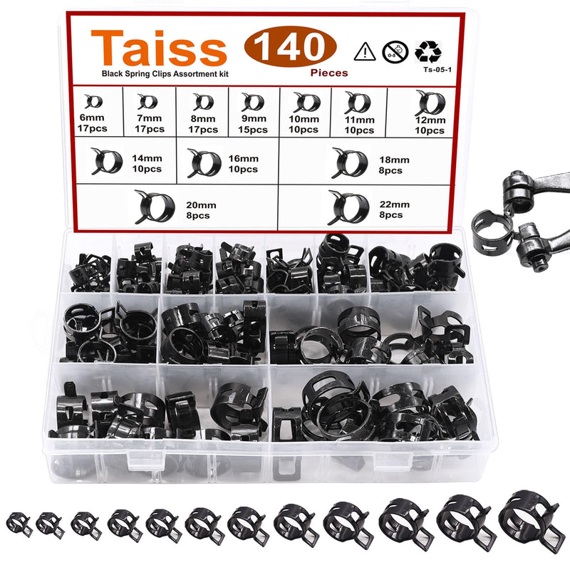 Taiss 140PCS 6-22mm Black Spring Band Hose Clamp Assortment kits.Low Pressure Air Clip Strap Clamp for Air Hose Tube Hose Fuel Silicone Vacuum Hose Clamp 140PCS Spring Clamp