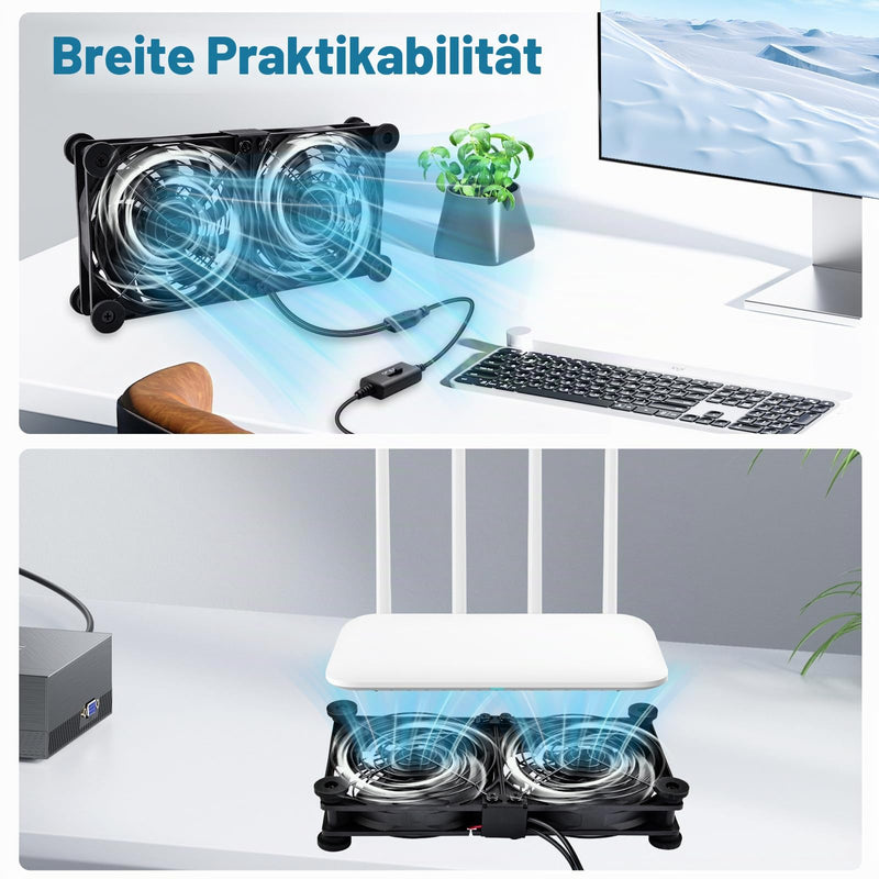 2 in 1 Quiet Dual Router Fan Cooler 120 mm with 3 Degree Speed Control (L/M/H), DC 5 V, USB Powered Cooling Case Fan for Router, Modem, Receiver, DVR, PlayStation, TV Box Dual 120mm