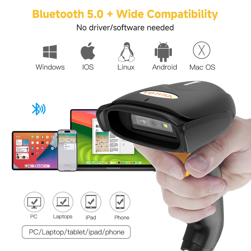 VOTTAN QR 2D Barcode Scanner, Bluetooth & 2.4G Wireless & USB Wired Connect iPad Phone Tablet PC POS, UPC EAN 1D PDF417 Data Matrix 2D Handheld Barcode Scanner