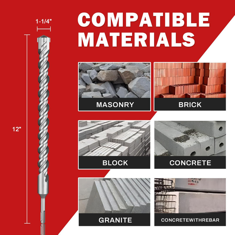 1-1/4" x 12" SDS Plus Rotary Hammer Drill Bit, Cross Carbide Tip, Heavy Duty Masonry Drill Bits for Concrete, Brick Hammer Drill Bits - Concrete Drill Bit Set 1-1/4" x 12" Length :12 inch